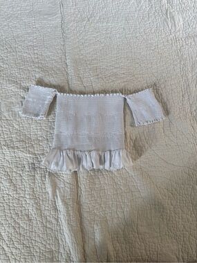 Peixoto White Off-Shoulder Smocked Crop Top with Ruffle Hem